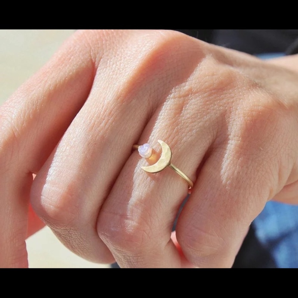 Moon shaped inlay small moonstone ring